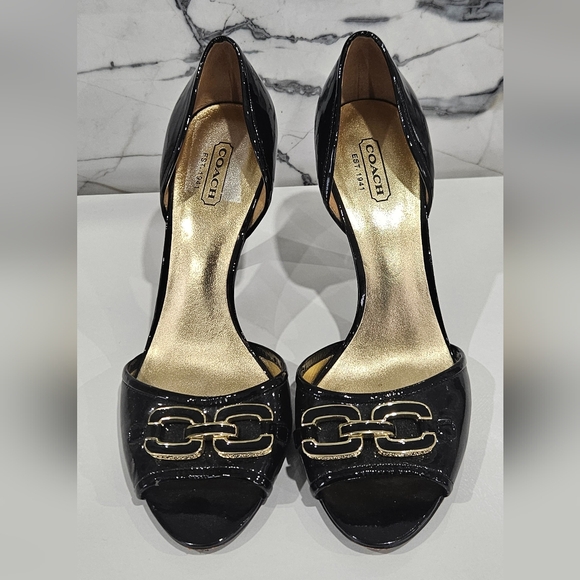 Coach Shoes - Authentic Coach Black and Gold Belinda Open Toe Heels Pumps US 7.5B
